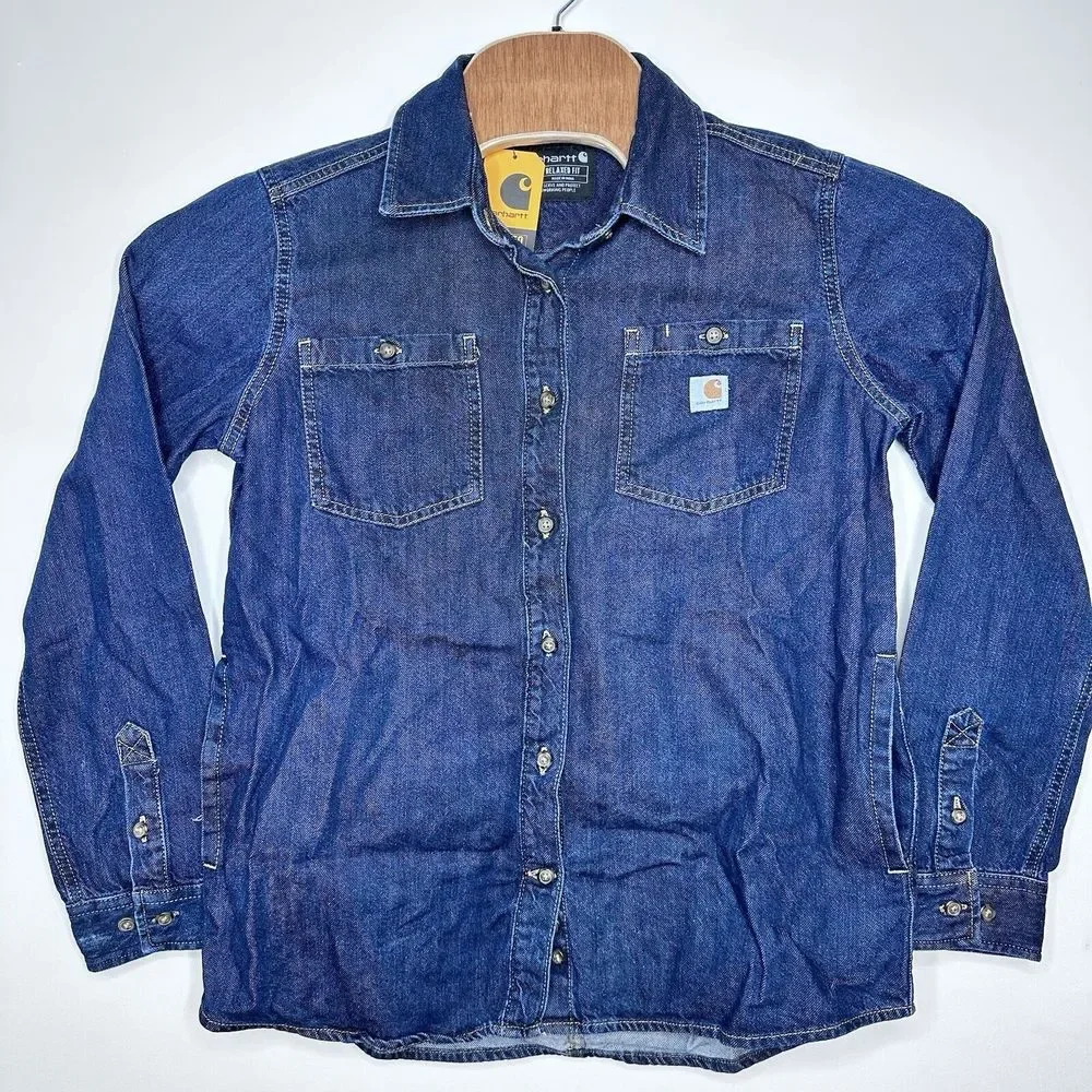 Carhartt Women's Relaxed Fit Midweight Denim Long-Sleeve Over Shirt Sz S - Picture 2 of 7